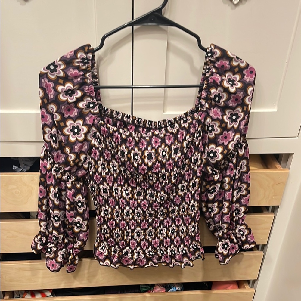 Floral Puff Sleeve Top - Pink and Black